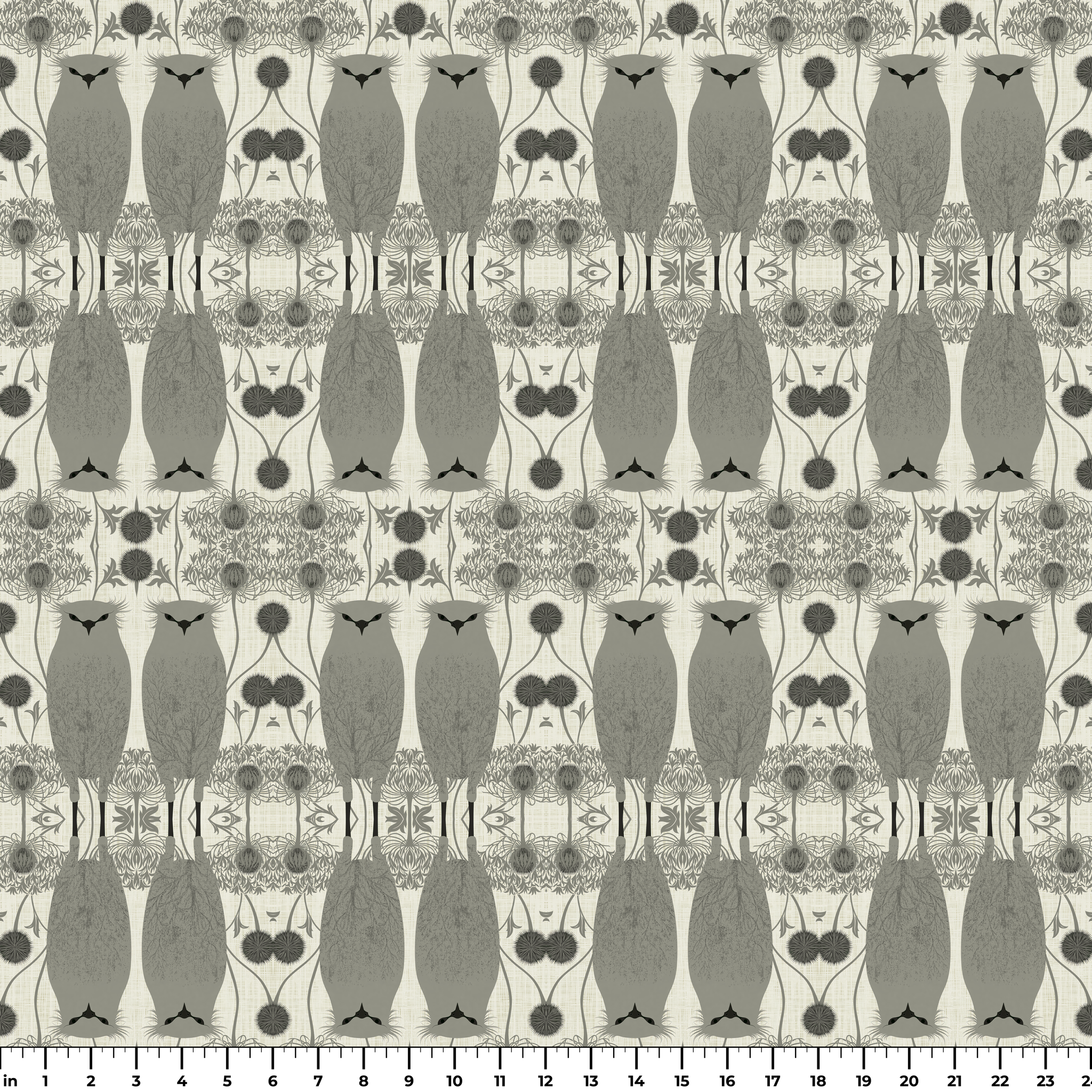 Symmetrical pattern with gray owl-like shapes and geometric elements in taupe and cream tones