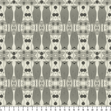 Symmetrical pattern with gray owl-like shapes and geometric elements in taupe and cream tones