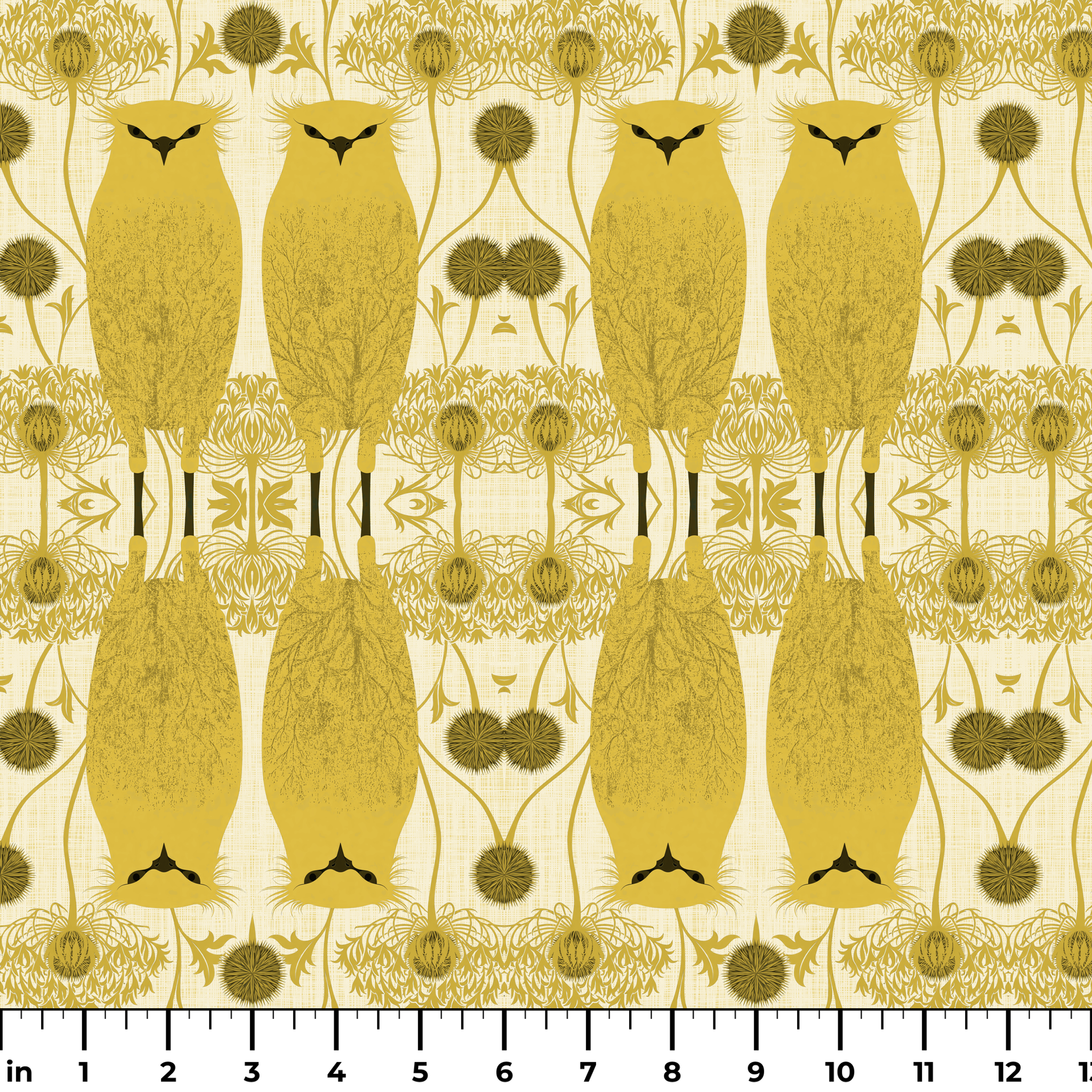 Stylized golden owls in symmetrical Art Nouveau pattern with floral motifs on cream background