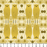 Stylized golden owls in symmetrical Art Nouveau pattern with floral motifs on cream background