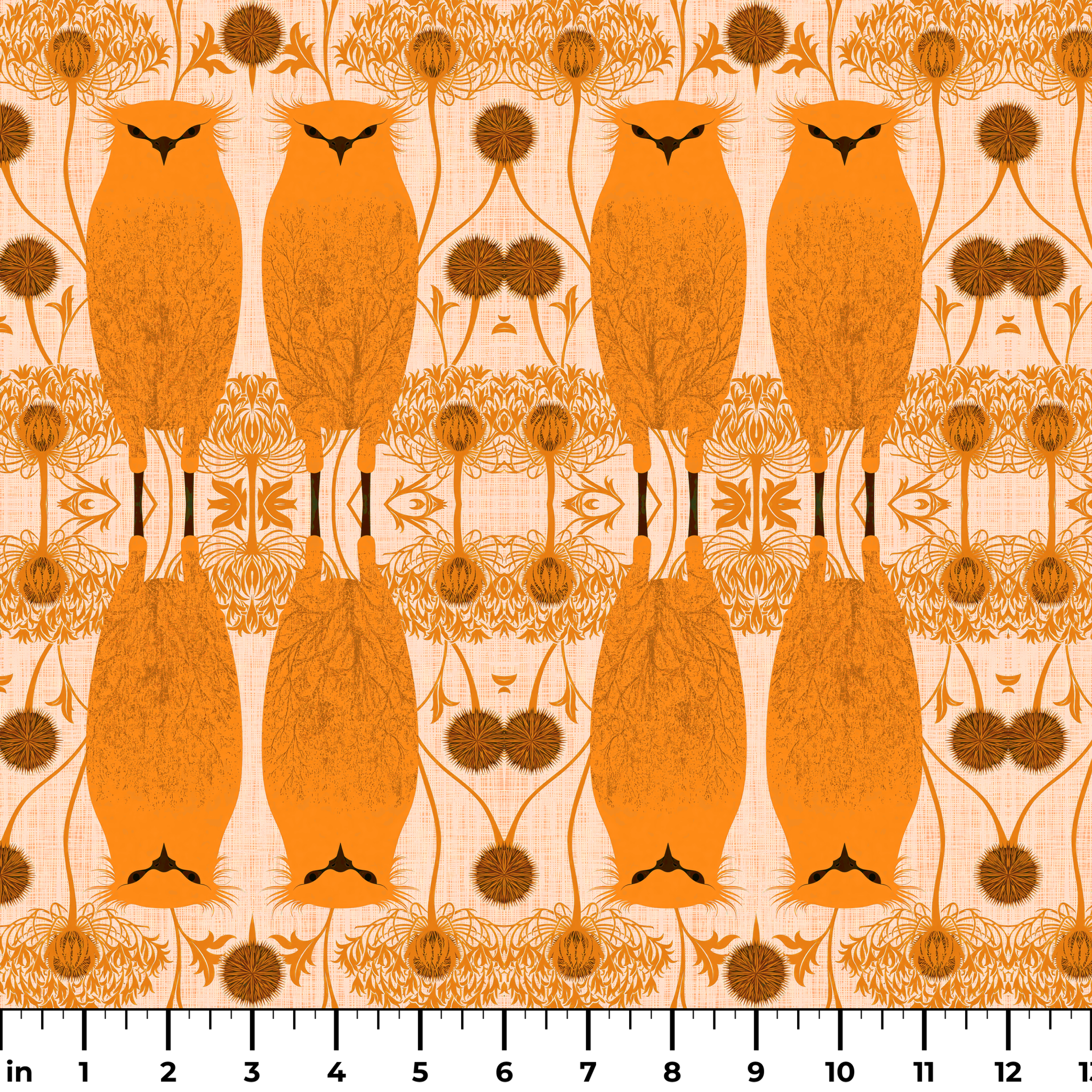 Symmetrical pattern of orange owls with brown details on beige background with decorative floral ele