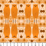 Symmetrical pattern of orange owls with brown details on beige background with decorative floral ele