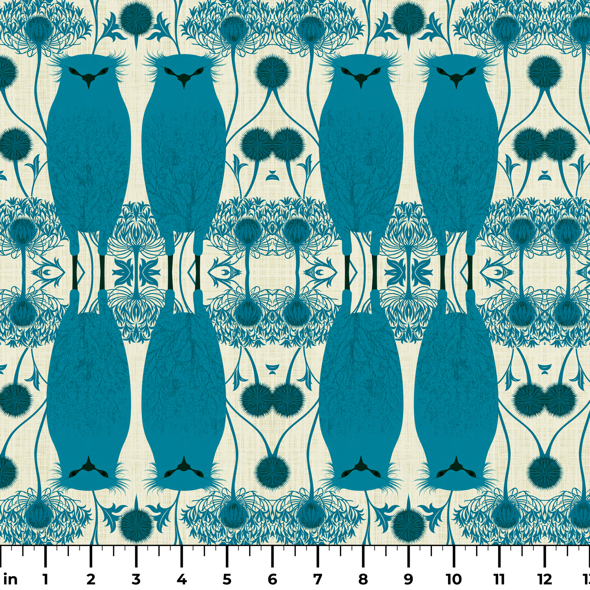 Symmetrical teal owl pattern with decorative floral elements on cream background