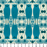 Symmetrical teal owl pattern with decorative floral elements on cream background