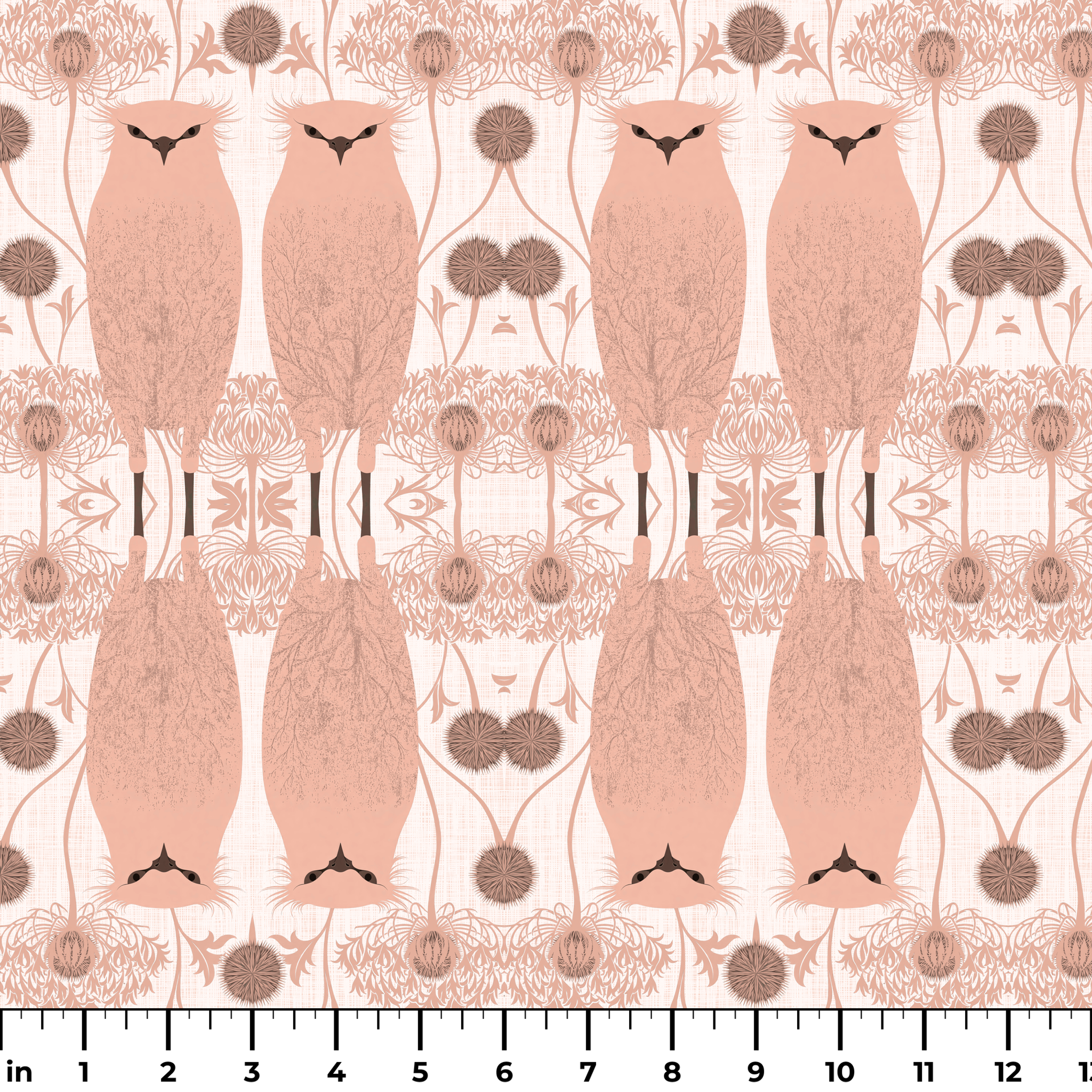 Symmetrical pattern of stylized pink owls with decorative floral medallions on white background