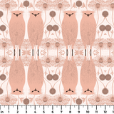 Symmetrical pattern of stylized pink owls with decorative floral medallions on white background