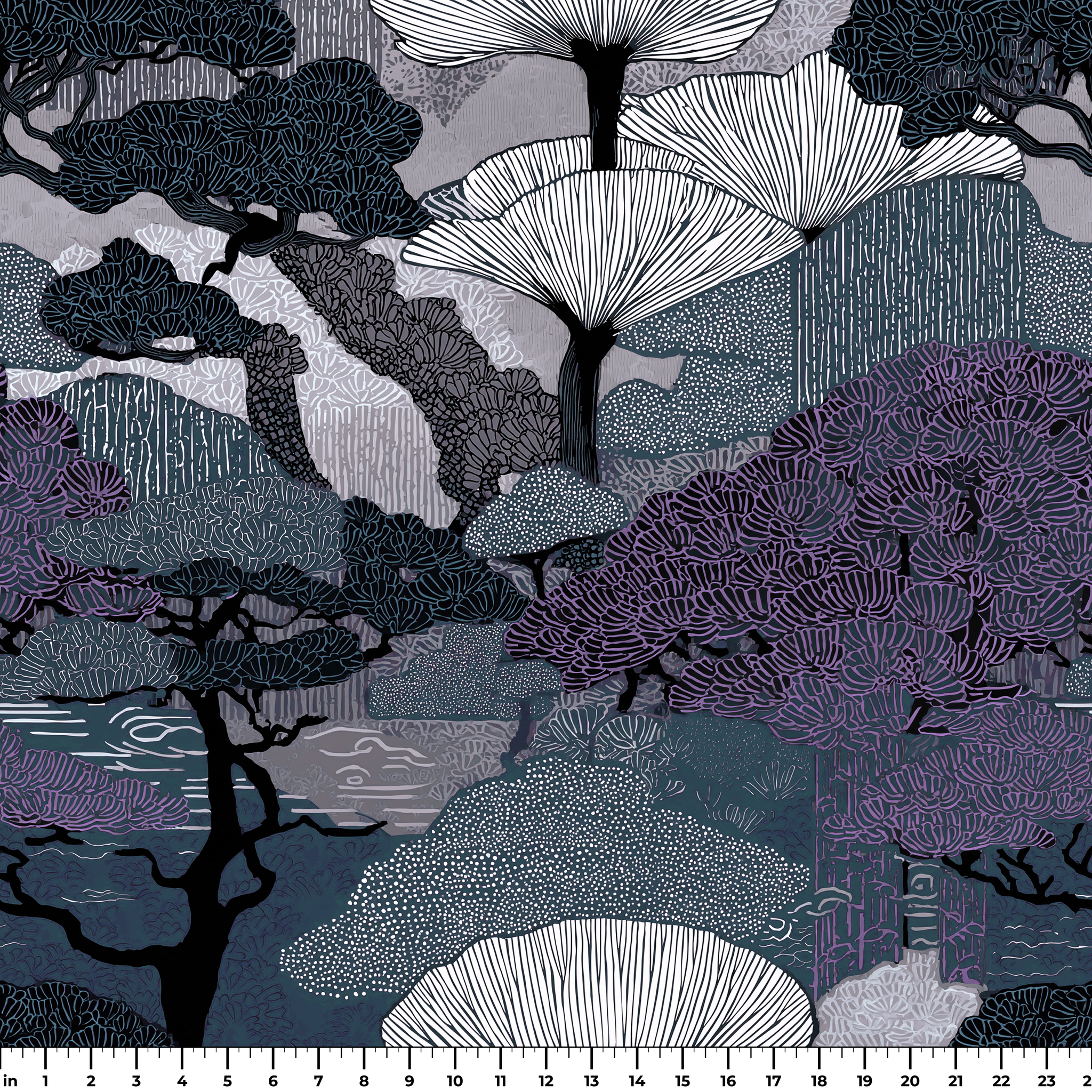 Stylized Japanese landscape with layered trees in blue, purple, and white with fan-shaped canopies