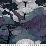 Stylized Japanese landscape with layered trees in blue, purple, and white with fan-shaped canopies