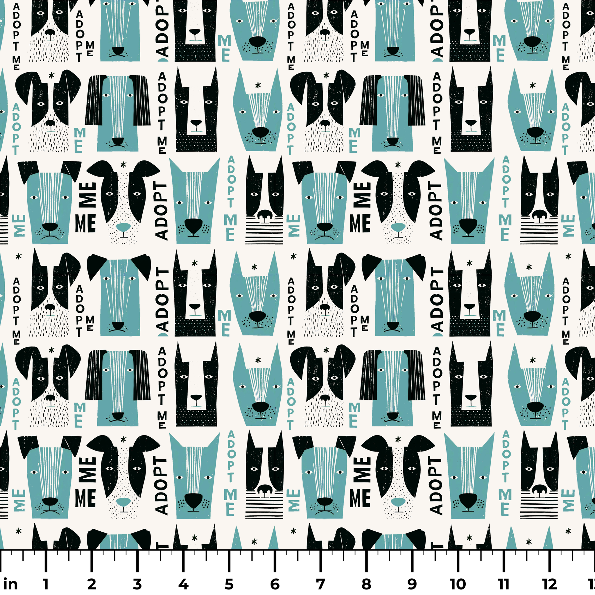 Adopt Me Mid Mod Dog in Teal — adopt me mid mod dog print, in turquoise teal, black and cream on a warm bone ground, small scale