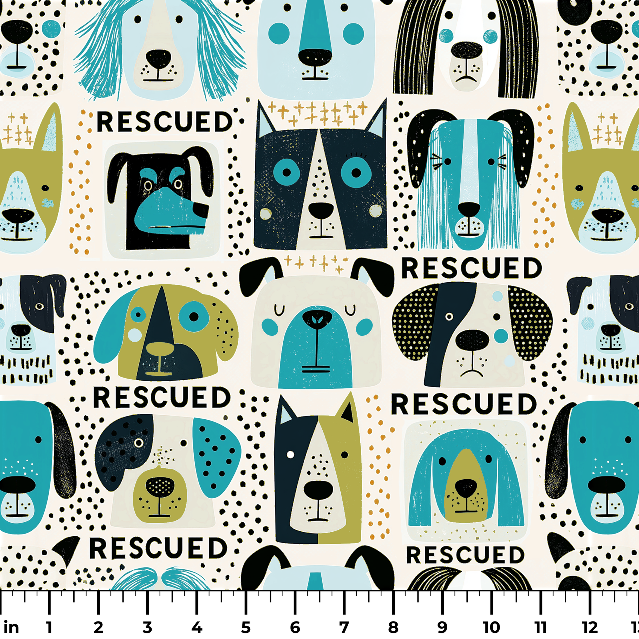 Rescued & Ready in Avocado — rescued & ready print, in avocado green and teal blocks with cream and black dogs
