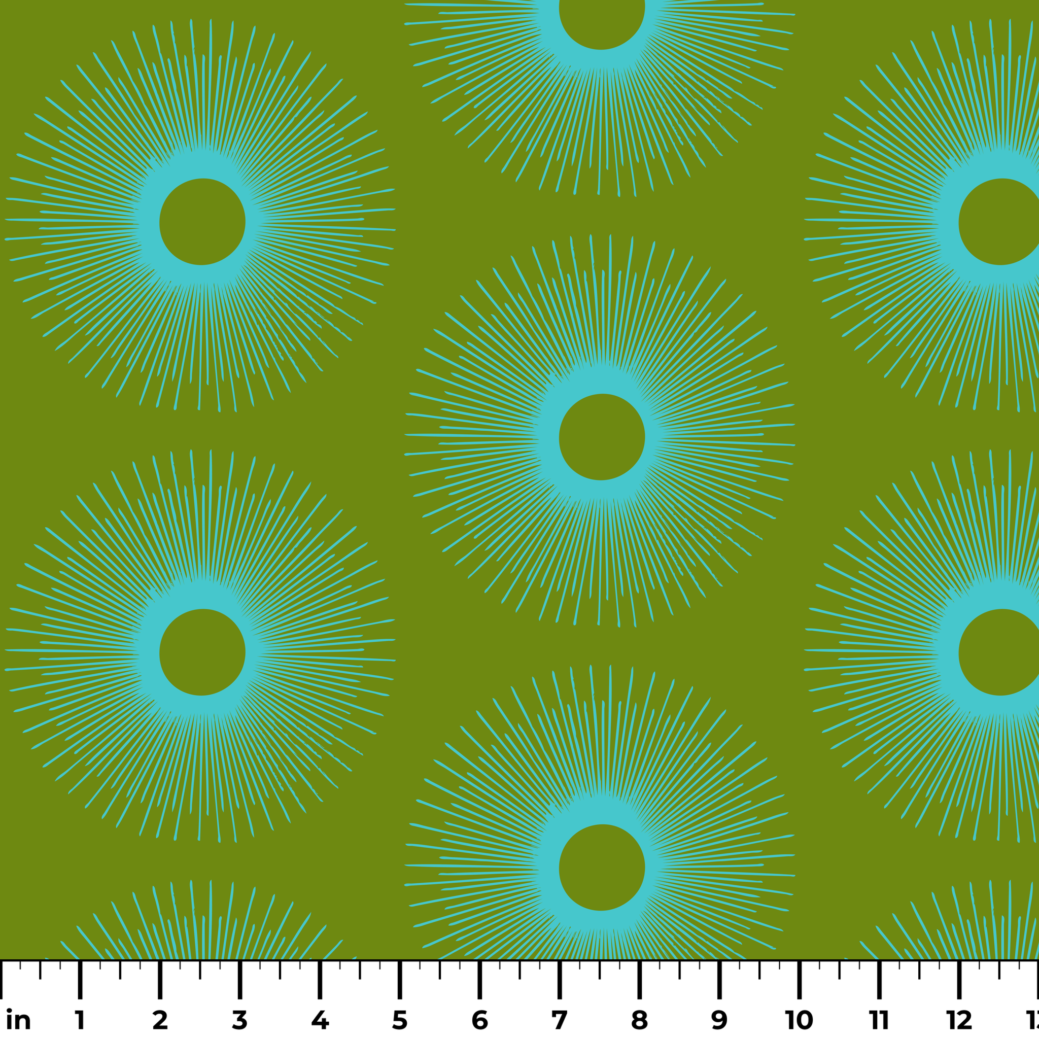 Retro Sunburst in Green and Teal — retro sunburst print, in deep forest green shading into bright teal