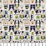 Rescued & Ready in Petal — rescued & ready print, in blush pink and slate blocks with cream and black dogs, small scale