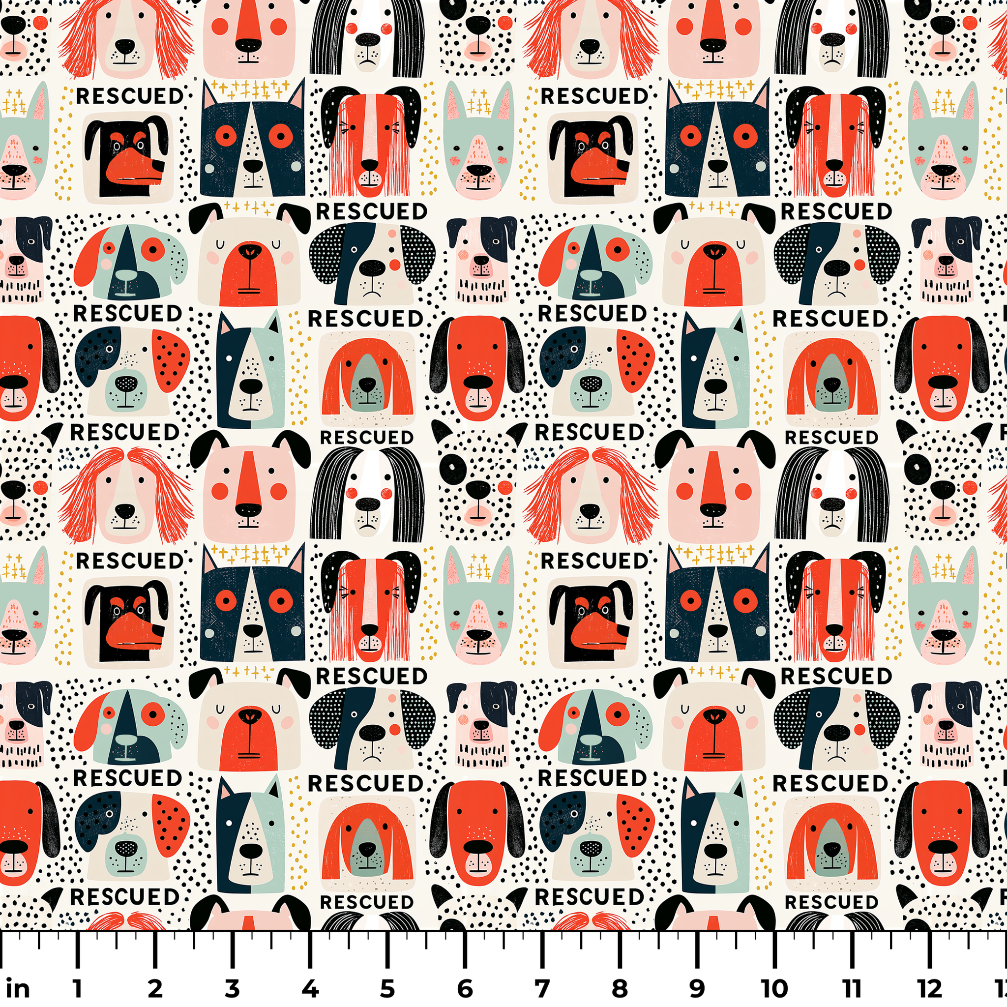 Rescued & Ready in Persimmon — rescued & ready print, in persimmon orange and red blocks with cream and black dogs, small scale