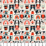 Rescued & Ready in Persimmon — rescued & ready print, in persimmon orange and red blocks with cream and black dogs, small scale