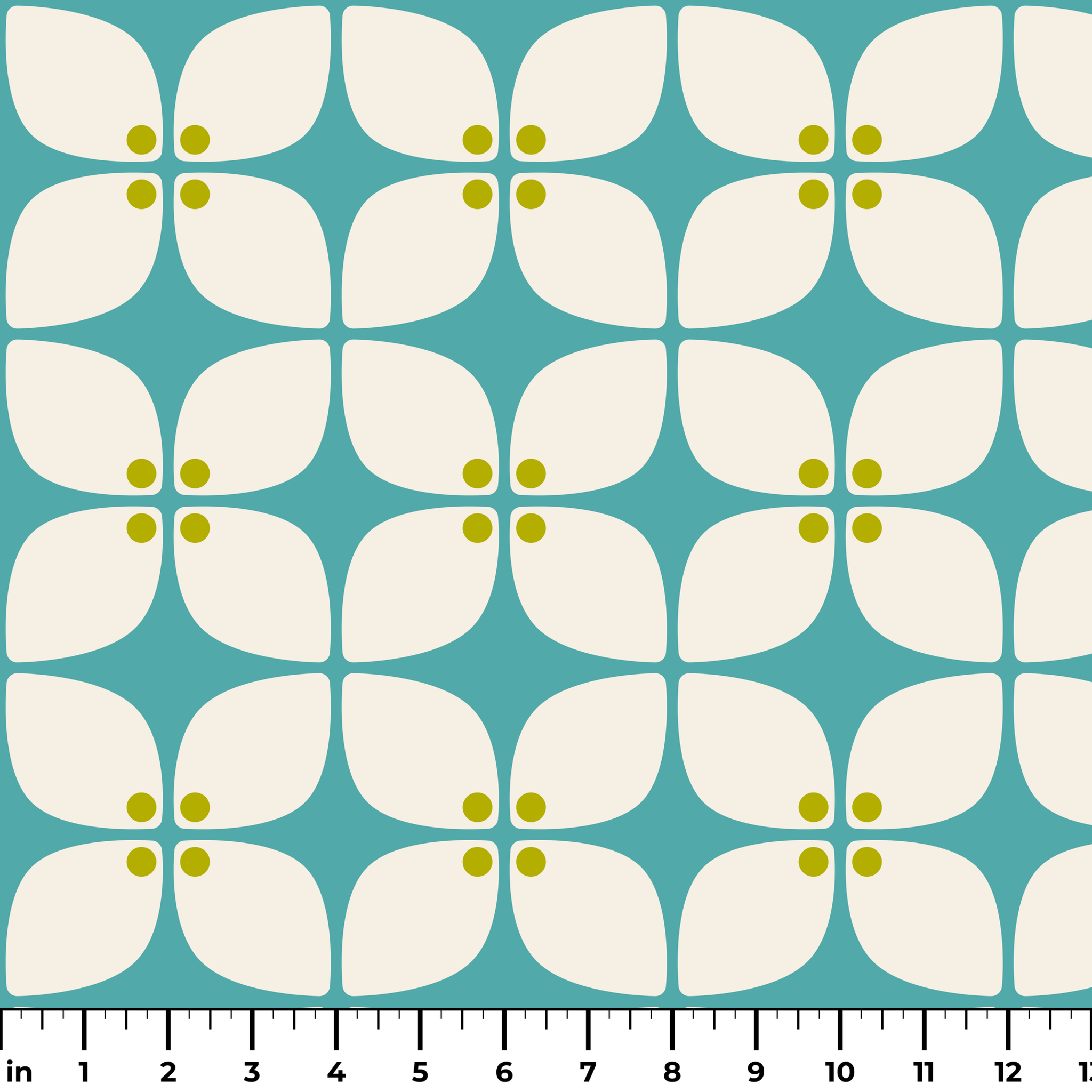 Square Mod in Teal — square mod print, in clear turquoise with a mustard center on warm ivory