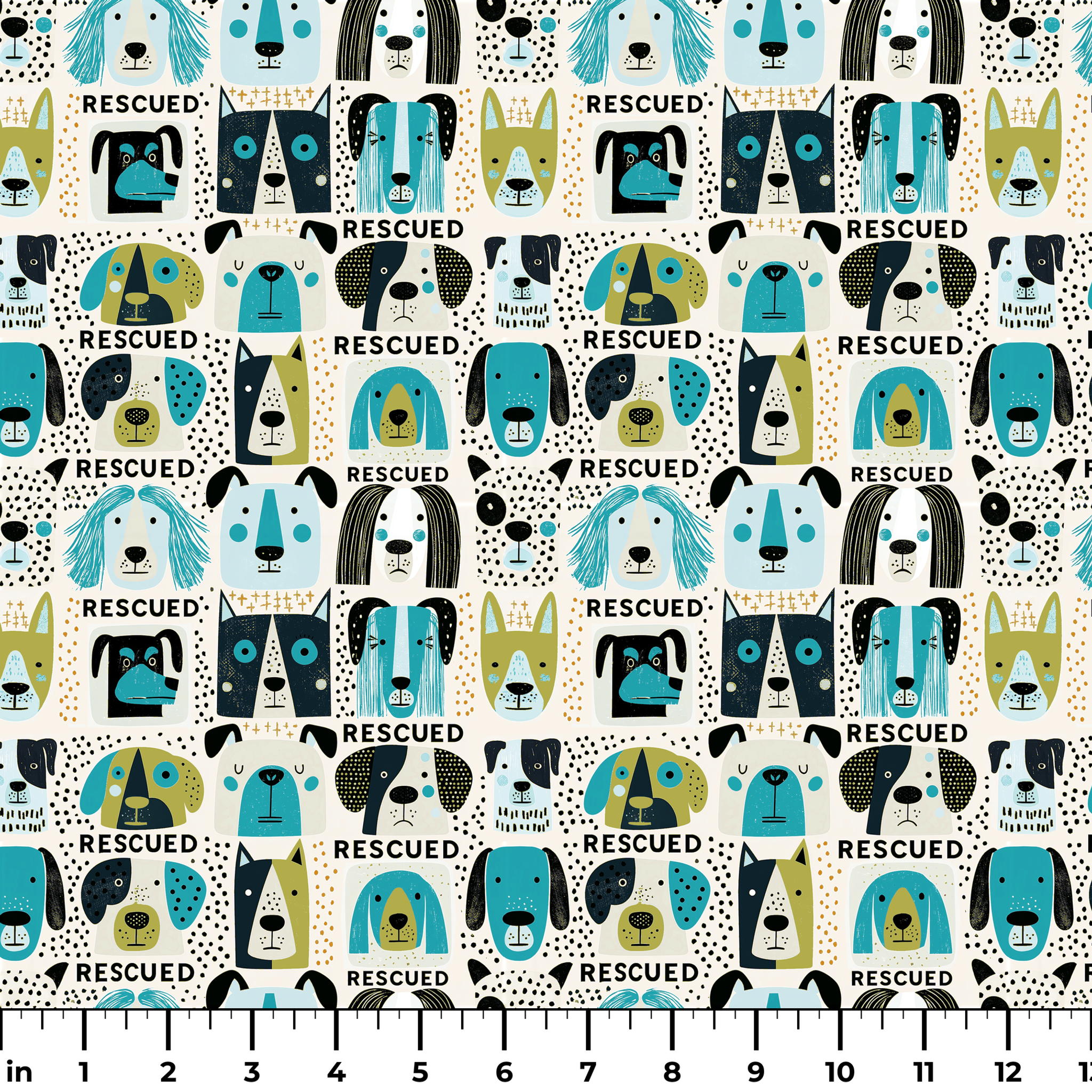 Rescued & Ready in Avocado — rescued & ready print, in avocado green and teal blocks with cream and black dogs, small scale