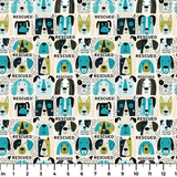 Rescued & Ready in Avocado — rescued & ready print, in avocado green and teal blocks with cream and black dogs, small scale