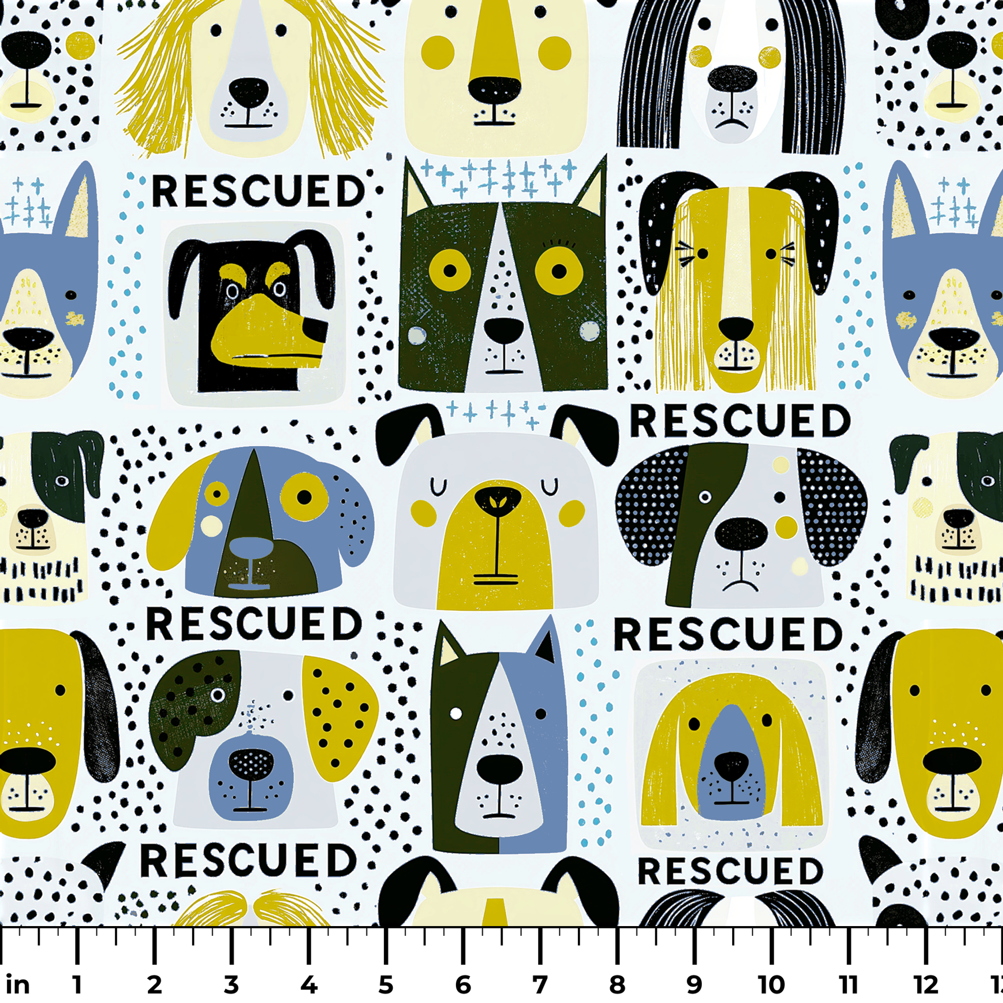 Rescued & Ready in Slate — rescued & ready print, in slate blue and golden yellow blocks with cream and black dogs