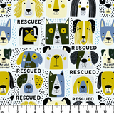 Rescued & Ready in Slate — rescued & ready print, in slate blue and golden yellow blocks with cream and black dogs