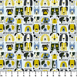 Rescued & Ready in Slate — rescued & ready print, in slate blue and golden yellow blocks with cream and black dogs, small scale