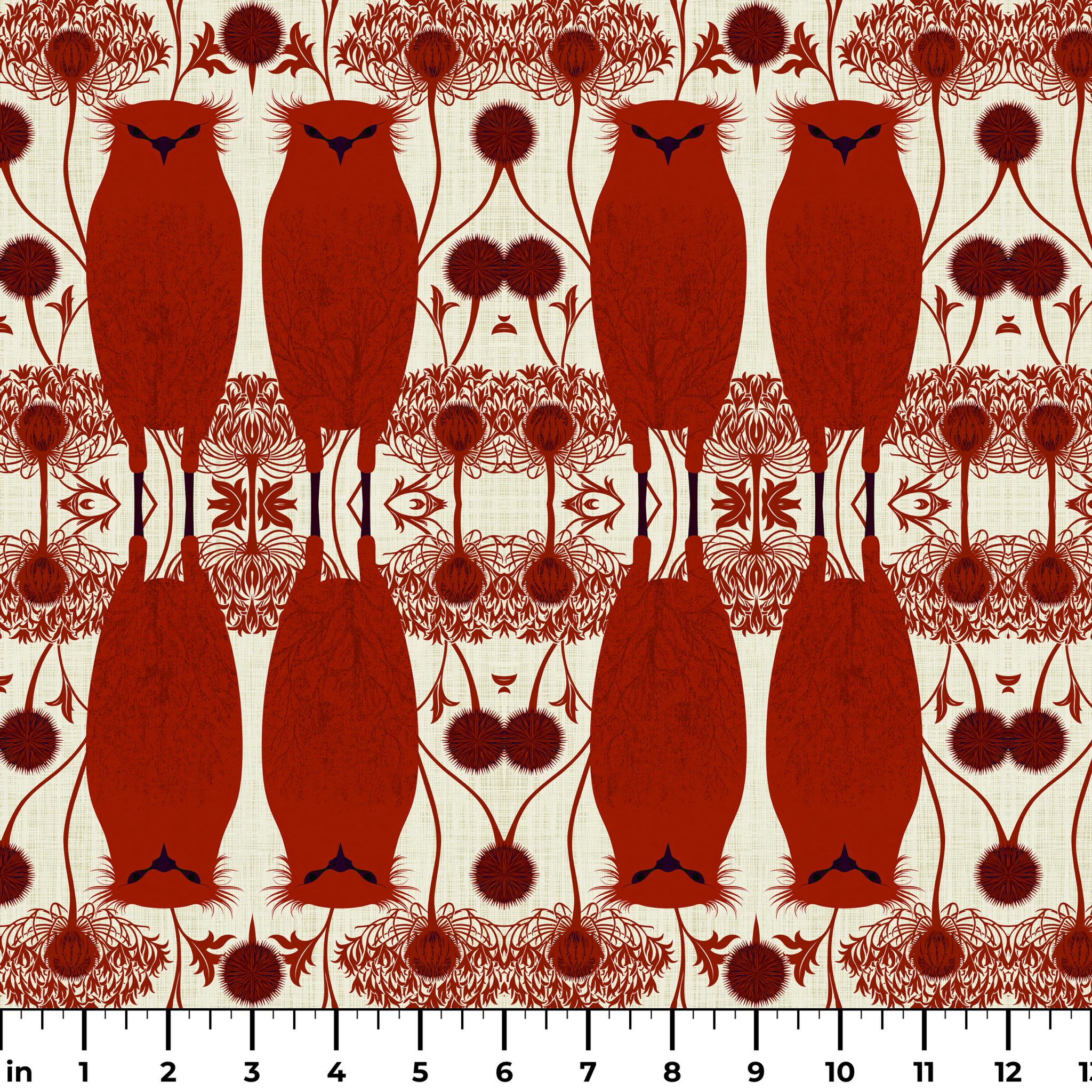 Owl Assembly in Ruby — owl assembly print, in cream and gold owls on a deep ruby red ground