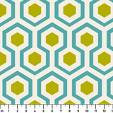 Hexacore in Teal — hexacore print, in turquoise and acid olive on warm ivory