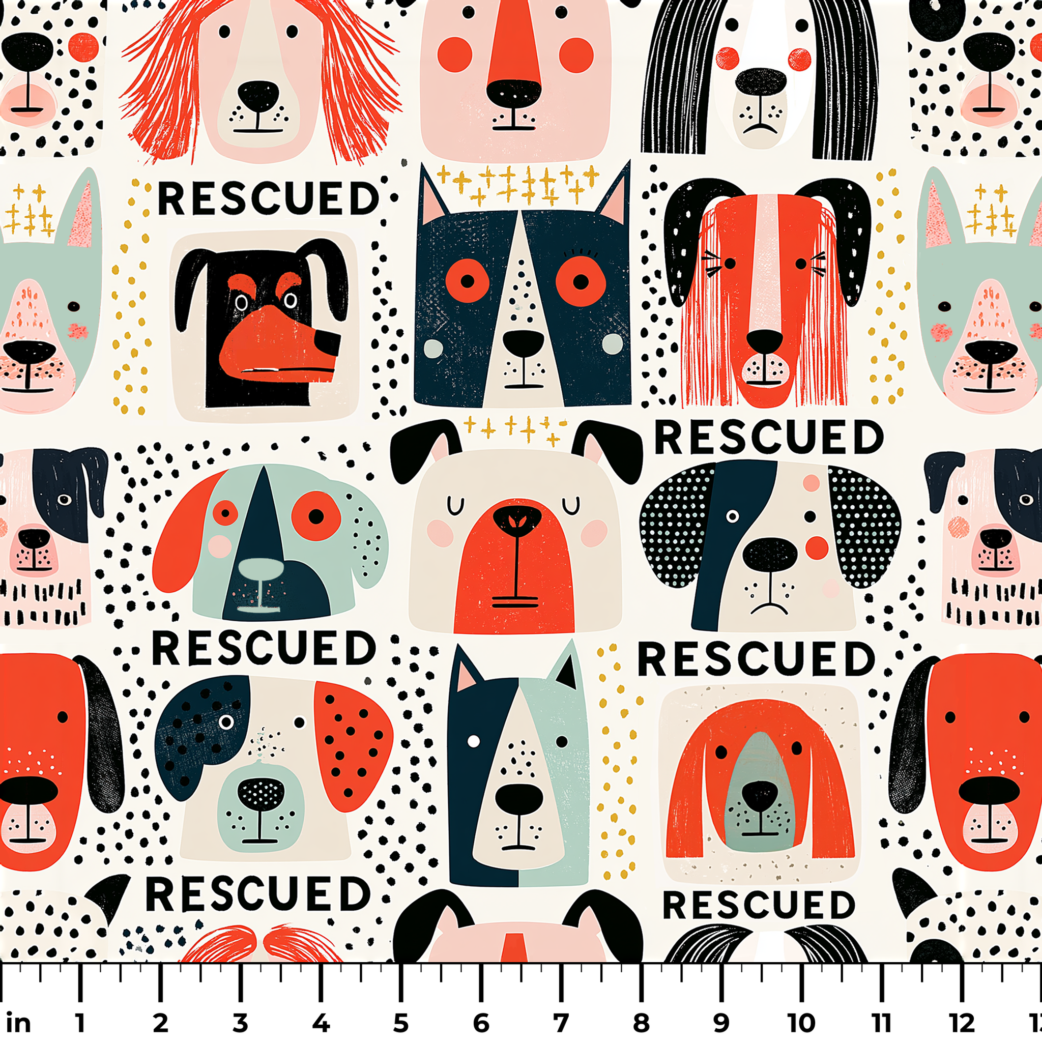 Rescued & Ready in Persimmon — rescued & ready print, in persimmon orange and red blocks with cream and black dogs