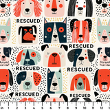 Rescued & Ready in Persimmon — rescued & ready print, in persimmon orange and red blocks with cream and black dogs