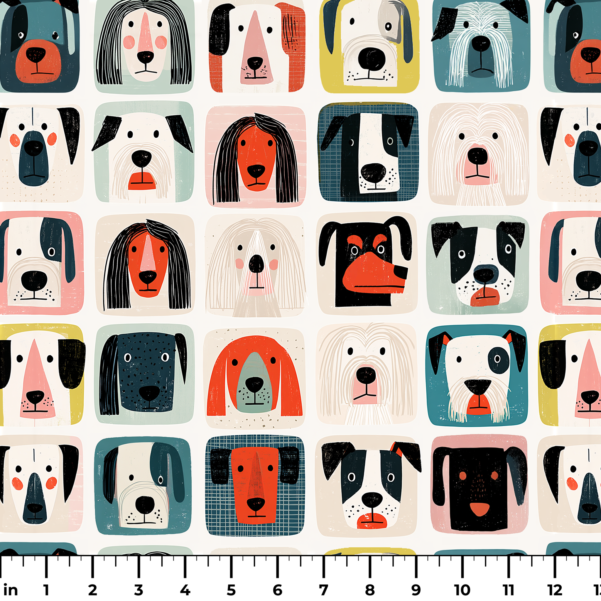 Colorful grid pattern of stylized dog faces in various breeds with geometric shapes and retro color