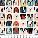 Colorful grid pattern of stylized dog faces in various breeds with geometric shapes and retro color