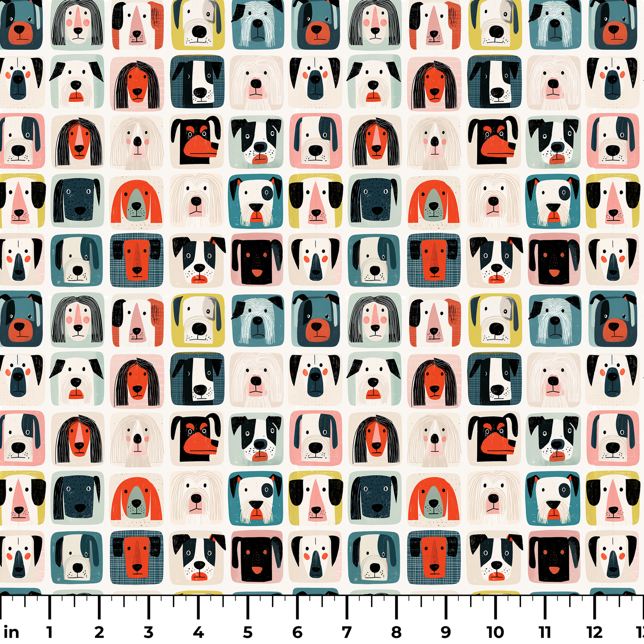 Colorful grid pattern of stylized dog faces in various breeds with geometric shapes and retro color