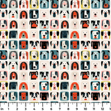 Colorful grid pattern of stylized dog faces in various breeds with geometric shapes and retro color