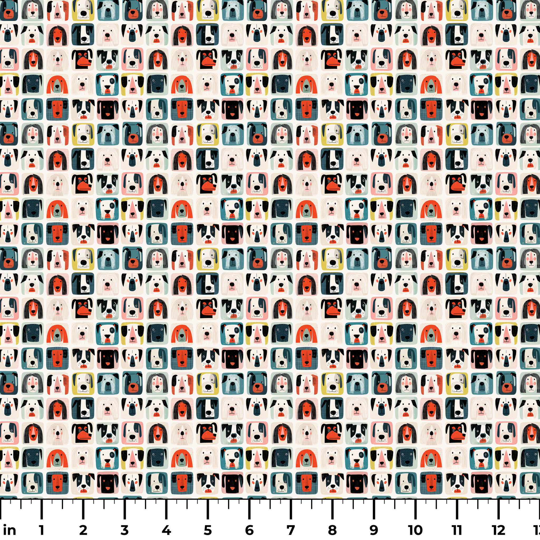 Colorful grid pattern of cartoon dog faces in various breeds with geometric shapes and retro style i