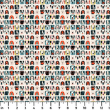 Colorful grid pattern of cartoon dog faces in various breeds with geometric shapes and retro style i