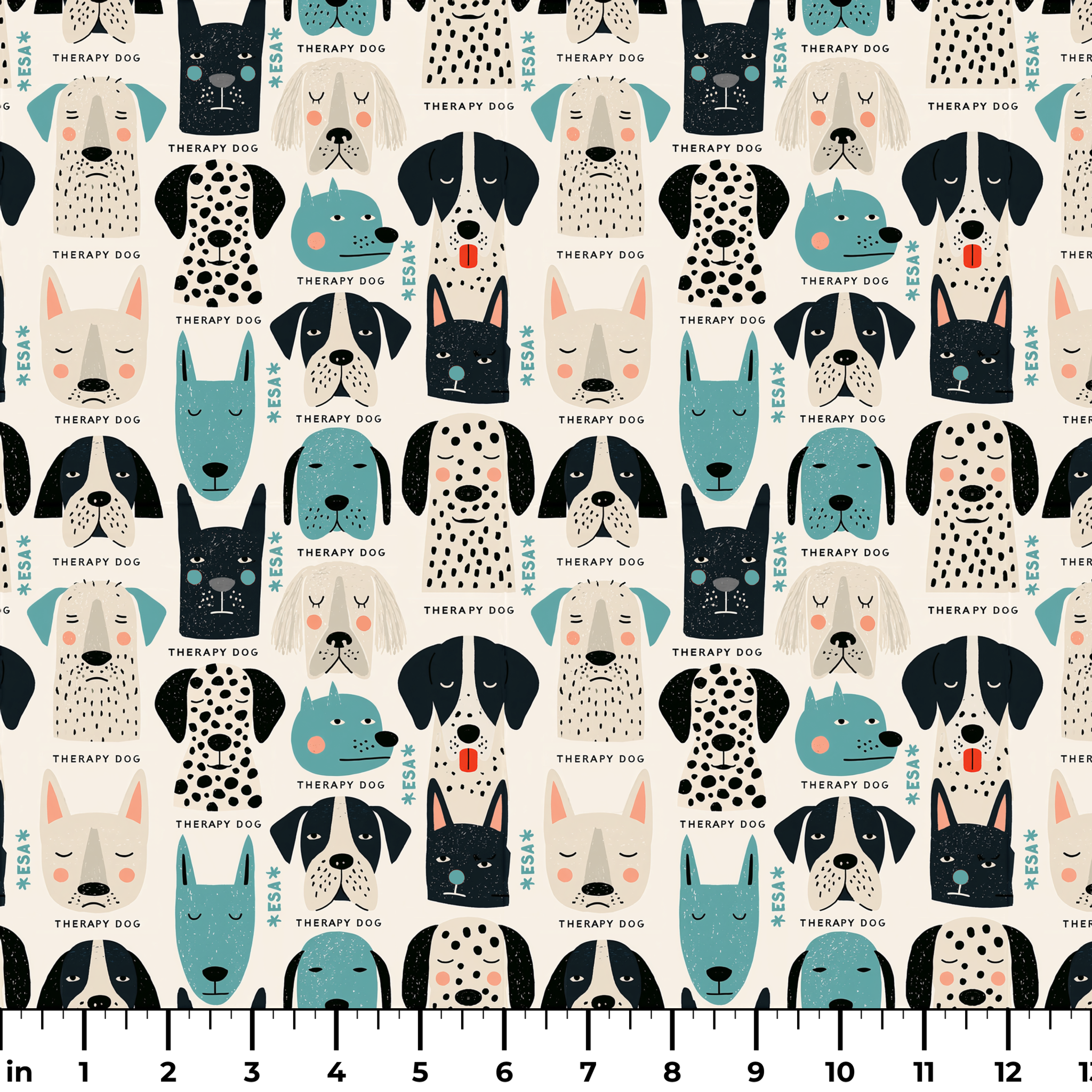 Colorful therapy dog illustration pattern featuring various dog breeds in teal, black, cream and pin