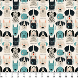 Colorful therapy dog illustration pattern featuring various dog breeds in teal, black, cream and pin